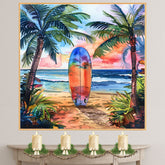 Watercolor Painting of Multicolored Surfboard on Beach Path with Sunset and Palm Trees on Ready to Hang 1.5" Thick Canvas Wrap, Floating Framed Canvas, Flat Rolled Canvas